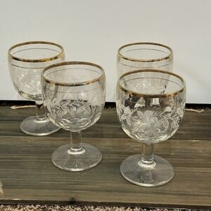 Set of (4)‎ Bartlett Collins Grapes & Leaves Water Goblets Etched w/ Gold Rims